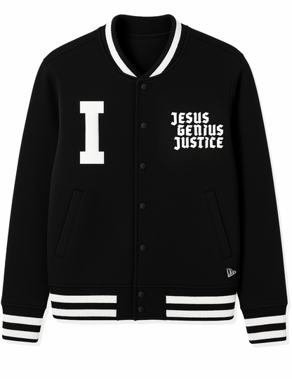 Jesus. Genius. Justice. Varsity Heavyweight Fleece Jacket